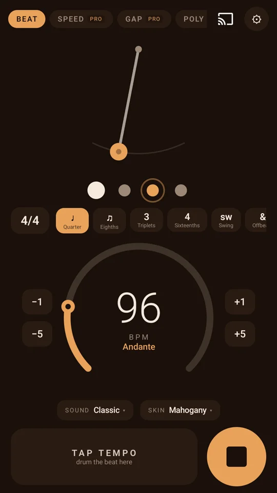 Baton's main face: pendulum, beat dots, subdivision row, tempo dial, tap tempo pad