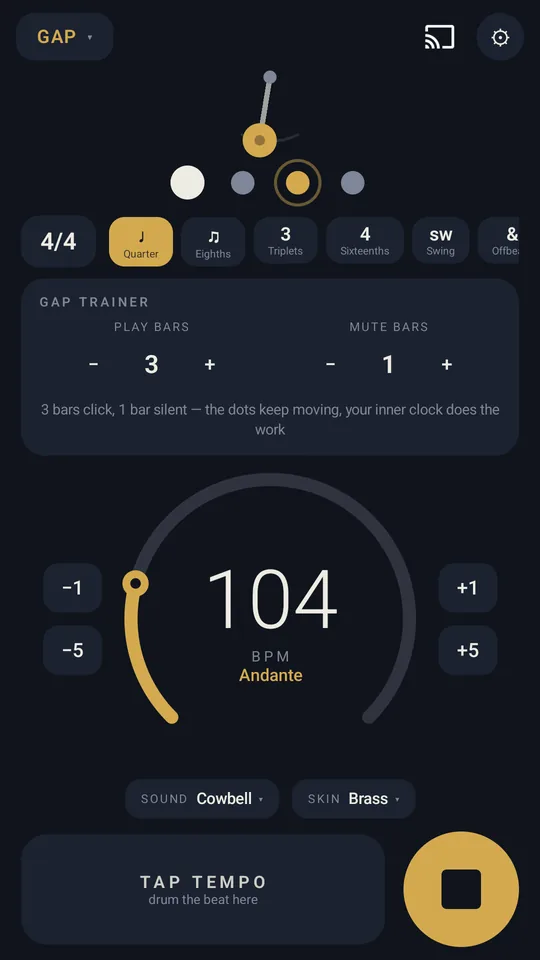 The gap trainer playing three bars and muting one, in the Brass skin