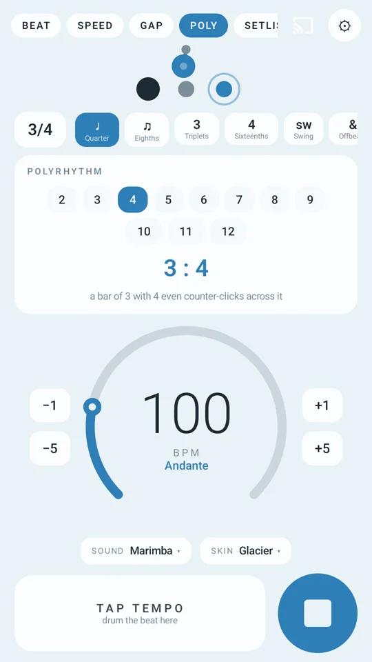 A 3:4 polyrhythm in the light Glacier skin with the Marimba pack