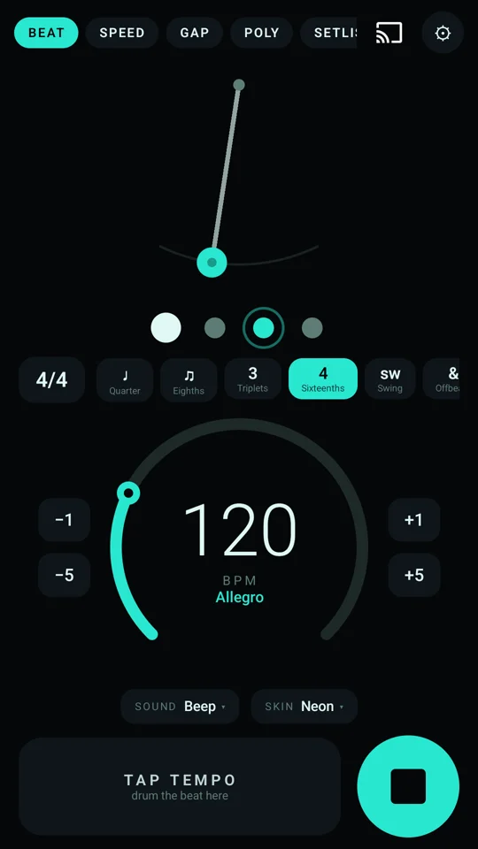 The Neon skin with the Beep sound pack, sixteenth subdivisions at 120 BPM