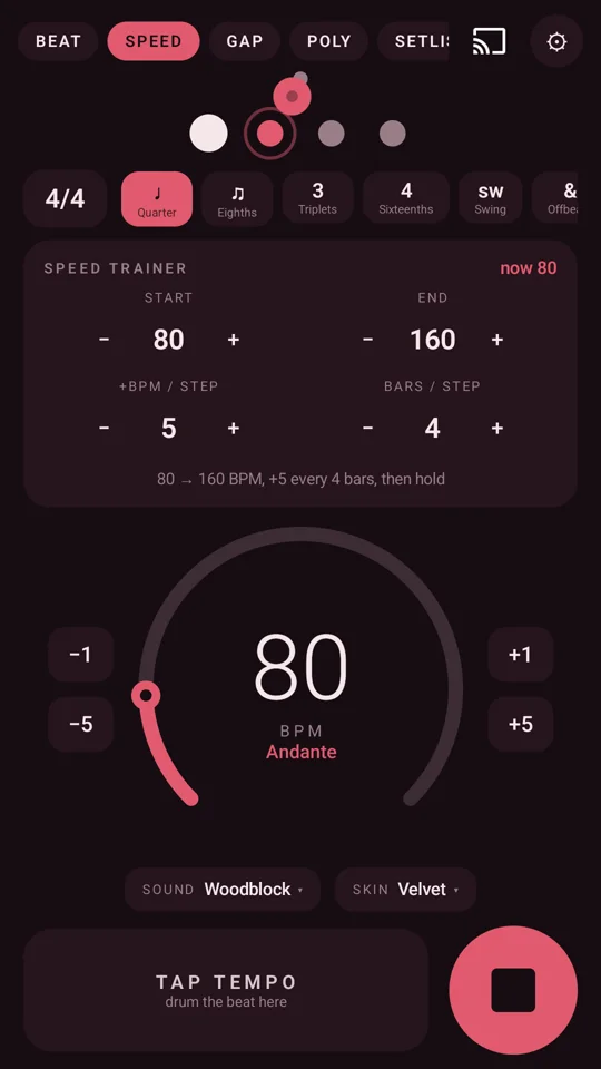 The speed trainer ramping from 80 BPM in the Velvet skin